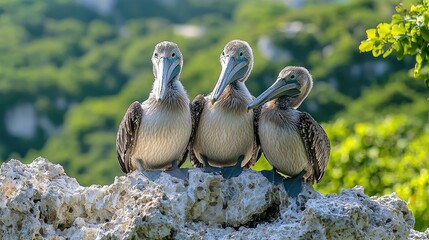 Three Brown Pelicans Resting On A Rock