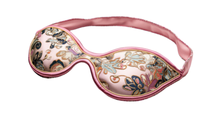 Pink floral sleeping mask resting on transparent background