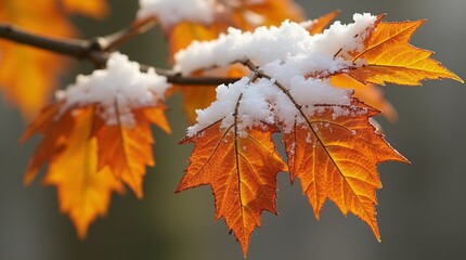 Fototapeta premium Vibrant Orange Autumn Leaves Covered With Soft Snow.