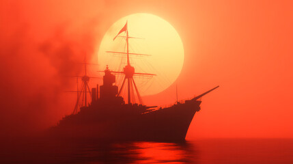 Fototapeta premium An artistic perspective focusing on the vesselâ€™s imposing guns or radar masts, the intense warm glow of sunset highlighting its contours,