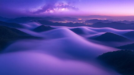 Fototapeta premium 84.A stunning aerial view of the Milky Way stretching above the fog-covered mountains at night. The mountain valley is shrouded in low-lying clouds, with soft, glowing city lights twinkling in the
