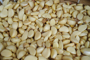 Close-up shot of numerous peeled garlic cloves filling a woven basket. The image showcases the pale color and texture of the garlic. A Close-Up View of Peeled Garlic Cloves in a Basket