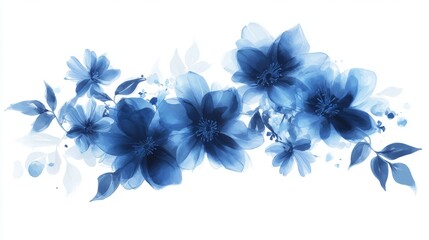 Fototapeta premium 2.A stunning vector design featuring a collection of blue flowers rendered in watercolor, with each bloom painted in a gradient of blues, from soft sky blue to deeper navy. The flowers are arranged