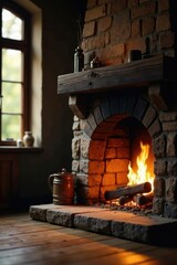 Soft lighting and crackling fire in a stone hearth, cozy, wood, fire