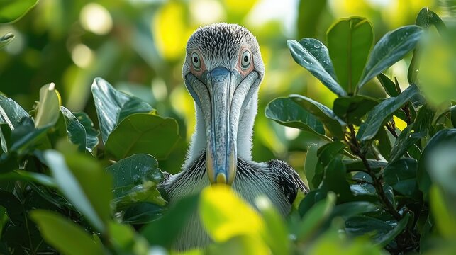 Brown Pelican Hidden Among Lush Green Foliage