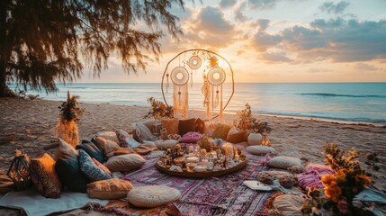 104.A stylish boho bachelorette party set on the beach, with a cozy, chic picnic area featuring blankets, cushions, and whimsical decorations. The decor includes dreamcatchers, hanging lanterns, and