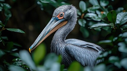 A Grey Pelican Bird Hidden Among Lush Green Leaves