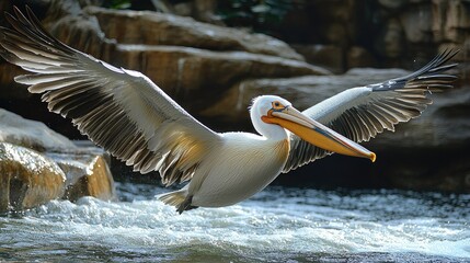 Great White Pelican in Flight Over Water