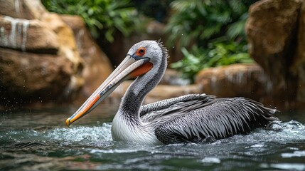 Brown Pelican Swimming in Rocky Water Habitat