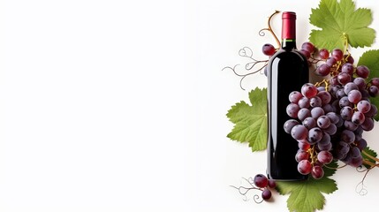 A Bottle of Red Wine Surrounded by Fresh Ripe Grapes and Green Leaves on a White Background, Perfect for Culinary and Lifestyle Imagery