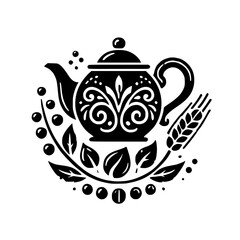 Ornate Teapot with Coffee Beans and Wheat: A Black and White Vintage Style Illustration