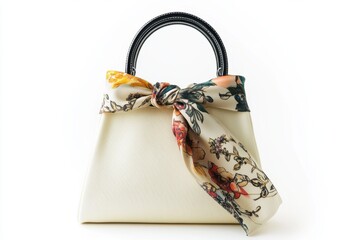 Stylish handbag featuring a black handle and a decorative scarf, perfect for adding elegance to any outfit.