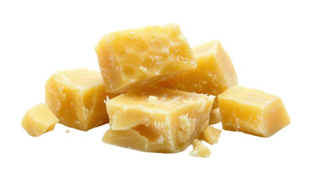 Pieces of beeswax forming a small pile on transparent background