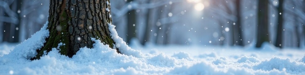 Snowflakes fall around the base of a frozen tree, soft focus, natural