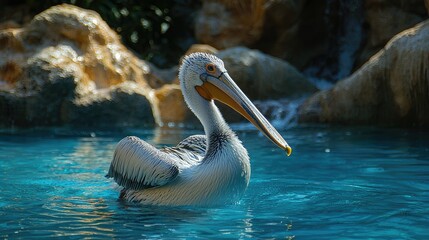 A Majestic Pelican Swims in Teal Water