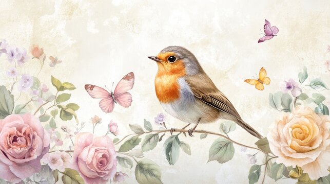 31.A vintage watercolor composition of flowers, a robin bird perched on a delicate branch, and colorful butterflies flying through the scene. The flowers are soft and muted in pastel tones of pink,