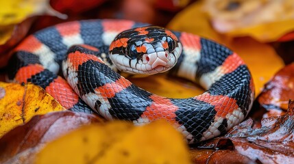 Colorful Snake Coiled Among Autumn Leaves