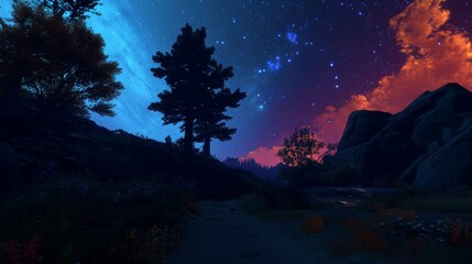 Fototapeta premium 73.gradient of warm colors transitioning into the cool blues of the night sky. The contrast between the dark, rocky terrain and the glowing stars creates a tranquil, awe-inspiring landscape, perfect