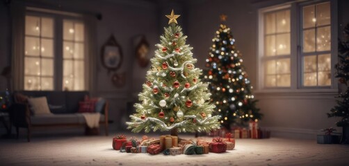 Snowy christmas tree with ornaments and lights, christmas tree, snowy