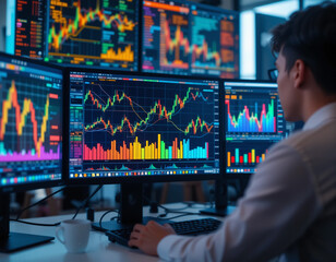Stock Trader Monitoring Data, Stock trader analyzing market data on multiple screens.