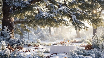 Snowy forest with a frosty breakfast table set up under a spruce tree, winter wonderland, snow covered, frosty breakfast, spruce tree