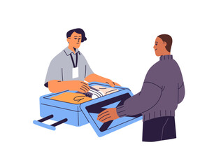 Worker of airport checks passenger luggage. Safety of customs does inspection of baggage. Guard of checkpoint, security control does examination of suitcase. Flat isolated vector illustration on white