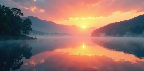 Fototapeta premium Softly glowing sunrise over misty lake waters, reflection, tranquility
