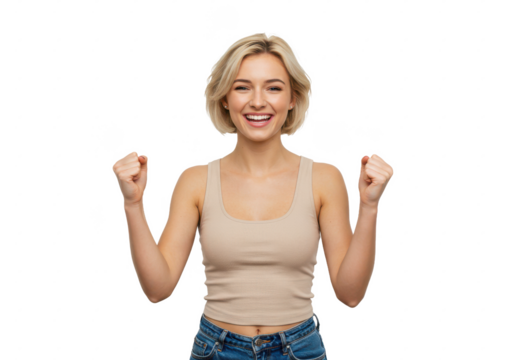 A cheerful young woman celebrating with raised fists, wearing a beige tank top and denim jeans, isolated on a white background