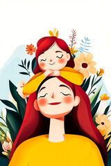 illustration of image of mother with daugther with fiery yellow hair among flowers on white background