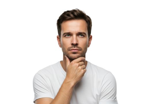 A thoughtful man in a white t-shirt, resting his chin on one hand, isolated on a white background
