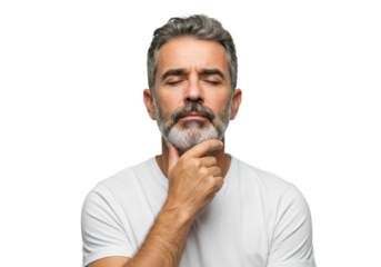 A thoughtful man in a white t-shirt, resting his chin on one hand, isolated on a white background