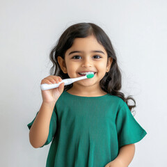 Indian model girl, Black hair, green top, Holding an electric toothbrush in her left hand, she is smiling and looking at the electric toothbrush
