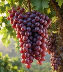 Fototapeta premium Soft morning light illuminates clusters of ripe grapes on the vine , illuminates, ripe, light