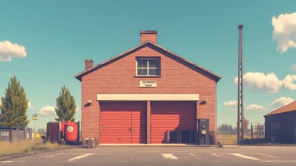 Red brick building with large red doors, clear sky.