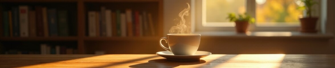 Fototapeta premium Soft morning light shines on a steaming cup of coffee, morning, peaceful atmosphere, bookshelf
