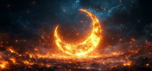 Obraz premium Fiery Crescent Moon Against Starry Sky