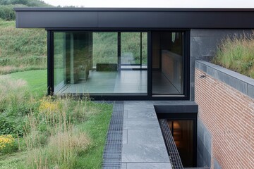 Fototapeta premium Contemporary architectural design seamlessly blends glass and brick elements within a tranquil landscape, exemplifying innovative and stylish living spaces