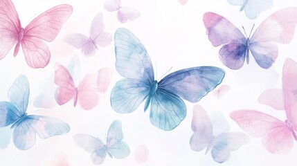 35.A whimsical watercolor illustration featuring a variety of flying butterflies in shades of pastel pink, lavender, blue, and mint. The butterflies&acirc;&euro;&trade; wings are painted in intricate detail, with a