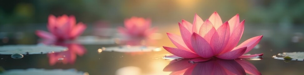 Fototapeta premium Soft orange and pink hues of blooming lotus flowers in the water, pink, color palette, peaceful