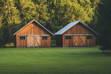 Obraz premium Quaint wooden barns set against lush greenery create a peaceful rural atmosphere in a serene countryside location during the late afternoon light