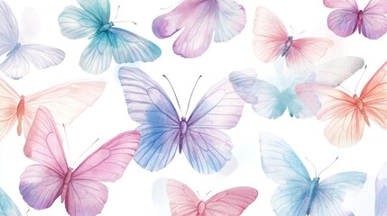 Fototapeta premium 35.A whimsical watercolor illustration featuring a variety of flying butterflies in shades of pastel pink, lavender, blue, and mint. The butterfliesâ€™ wings are painted in intricate detail, with a