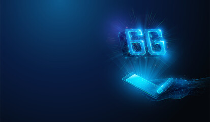 Lowpoly 6G Wireless Mobile Network Smartphone in Hand. Abstract geometric illustration depicting sixth generation communication hardware technology concept by wireframe mesh on blue background
