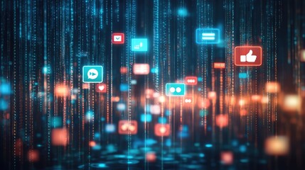 Fototapeta premium Social media marketing engagement concept with floating notification icons, thumbs up, and comment bubbles, glowing digital background, copy space.