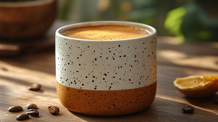 Aromatic espresso in a speckled mug on a wooden table.