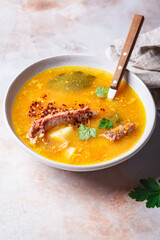 Split pea soup with smoked ribs.