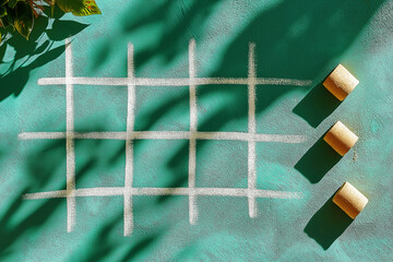 A tic tac toe board with a shadow of the board on the ground