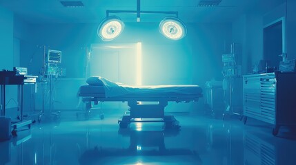Sterile delivery room with empty obstetric examination table, surgical drapes, and bright lighting.