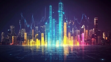 Obraz premium Futuristic Cityscape, Financial Data Visualization With Glowing Charts And Graphs, Dark Background