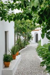 Naklejka premium Charming cobblestone pathway winds through a lush garden in a quaint village surrounded by vibrant greenery and terracotta pots
