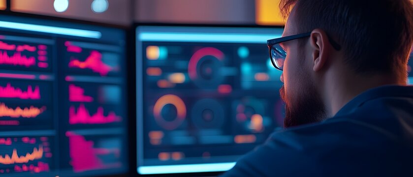 Futuristic Social Media Command Center with Glowing Data Dashboards Monitoring Audience Engagement